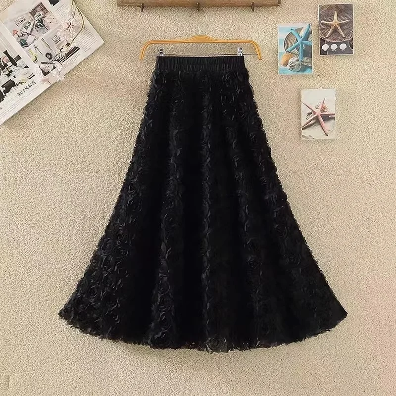 여성용 메쉬 스커트 하이웨이스트 A라인 롱 스커트 3D 장미 꽃 자수 거즈 스커트 봄 가을 웨딩 파티 비치용 w18