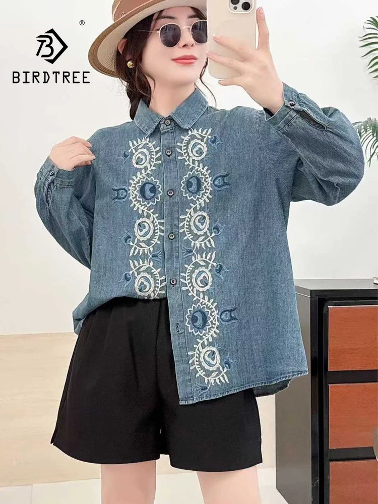 جديد 2025 قميص دينيم شتوي بأكمام طويلة ، تطريز بياقة مقلوبة للنساء ، بلوزة فضفاضة غير رسمية بمزاج فتاة موري T5D224CC #1