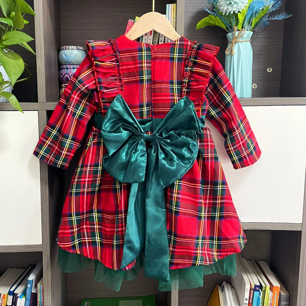 Dress Autumn Christmas Big Butterfly-knot Plaid Long Sleeved Mesh Patchwork Fluffy Dress Kids Clothes Girls