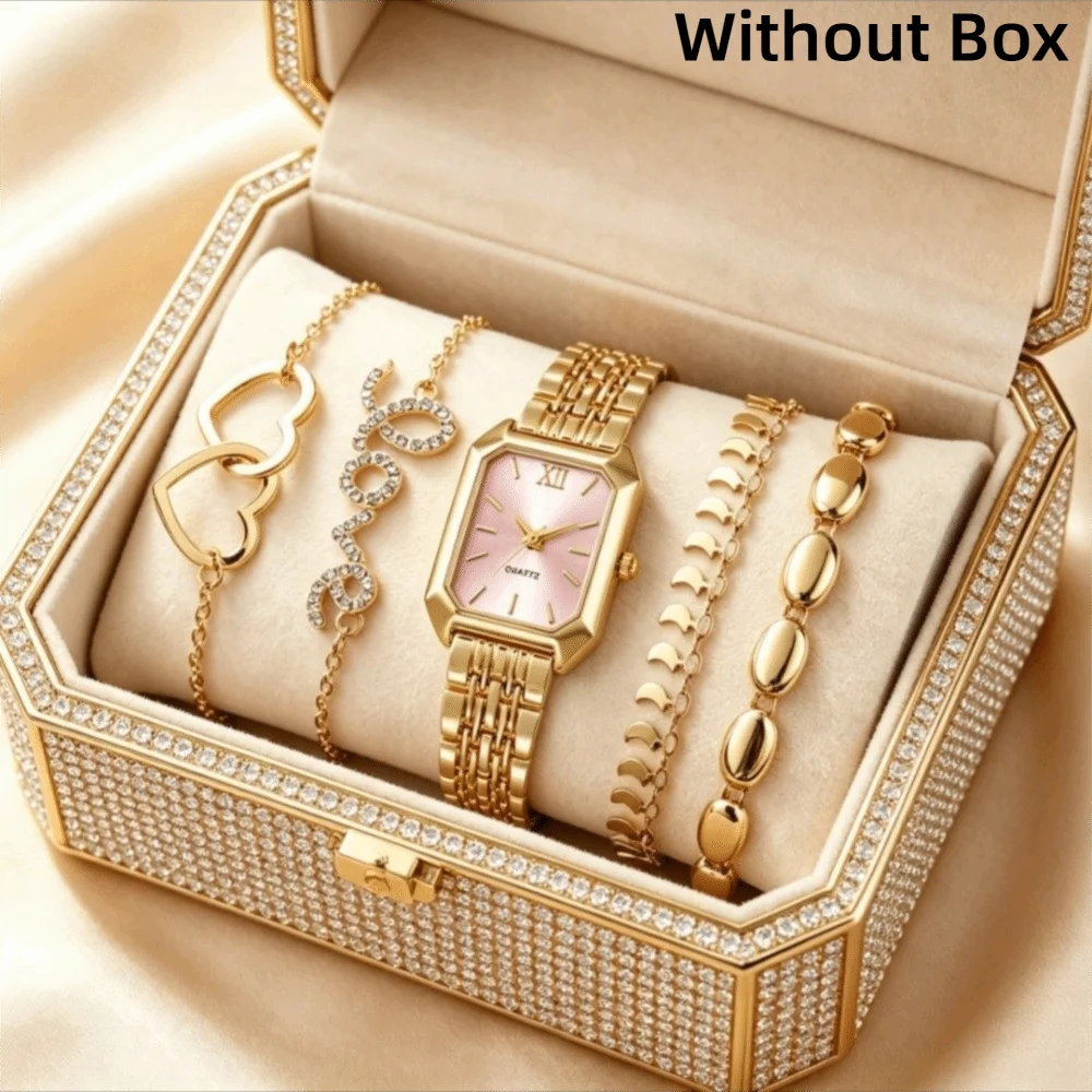 Quartz Movement Women Quartz Watch Stainless Steel Strap Rectangle Dial Rectangle Dial Wristwatch Roma Dial Design 5PCS Set