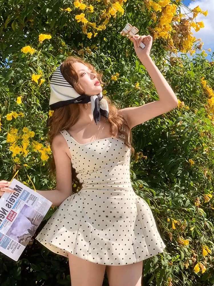 

SYJ Shuyijia Sweet Spicy Polka Dot Square Collar Strapless Dress Women Pure Desire Waist Cinching Puffy Short Skirt