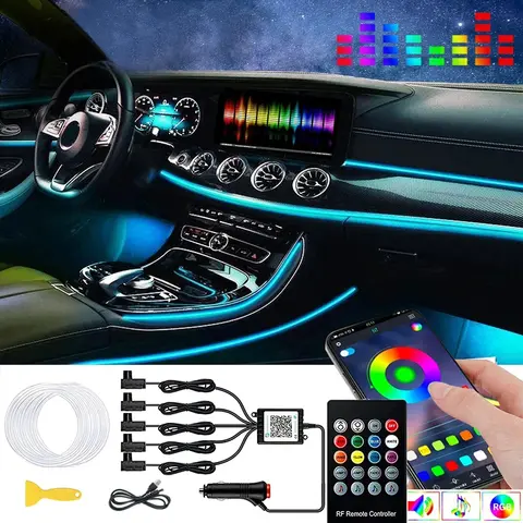 6IN1 8M RGB LED 분위기 자동차 인테리어 주변 조명 광섬유 스트립 빛 App 제어 네온 LED 자동 장식 램프