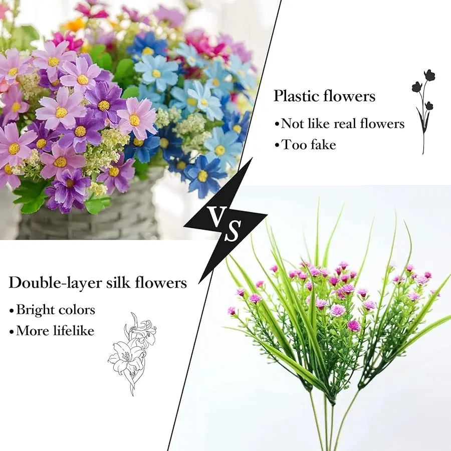 6 Bundles Outdoor Artificial Flowers for Decoration,Silk Flowers UV Resistant Fake No Fade Faux Bouquet Hanging
