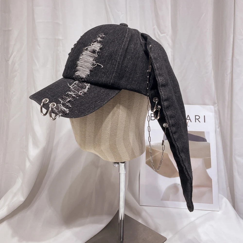 Konijnenoren Hoed Kostuums Y2k Denim Gescheurde Baseball Cap Mannen Vrouwen Donkere Stijl Metalen Ring Straat Trend Verstelbare Cosplay Hoed