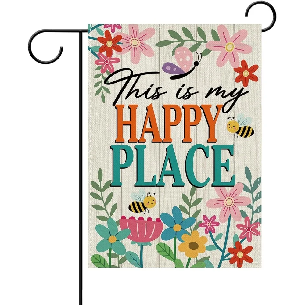This is my happy place. Flower Decorative Garden Flag, inspired colorful flower, butterfly and bee patterns for garden, outdoor and home decoration. Spring/Summer Pastoral Outdoor Small Double-Sided Decorative Flag