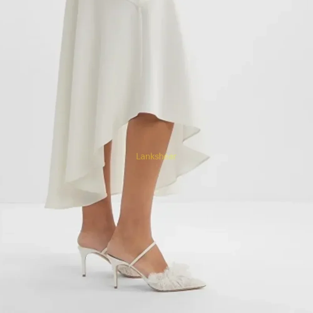 

Crystal Tulle Mules Sexy Pointed Toe Thin Heel Solid Sli On Slingback Ankle Warp New Arrivals Fashion Women Modern Shoes