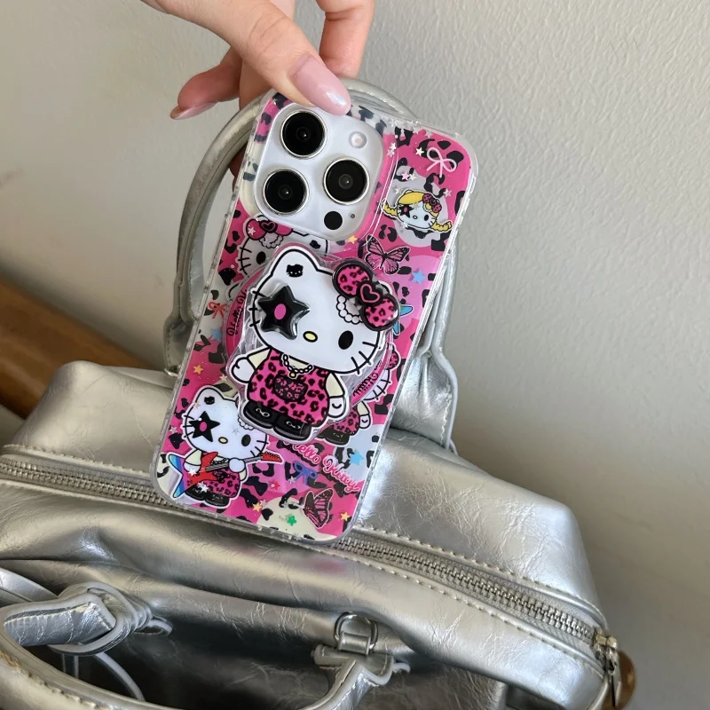 

Luxury leopard Cute Hello Kitty Glitte Magsafe Wireless Charge Case For iPhone 13 14 15 16 Pro Max Kitty girl Magnetic Holder
