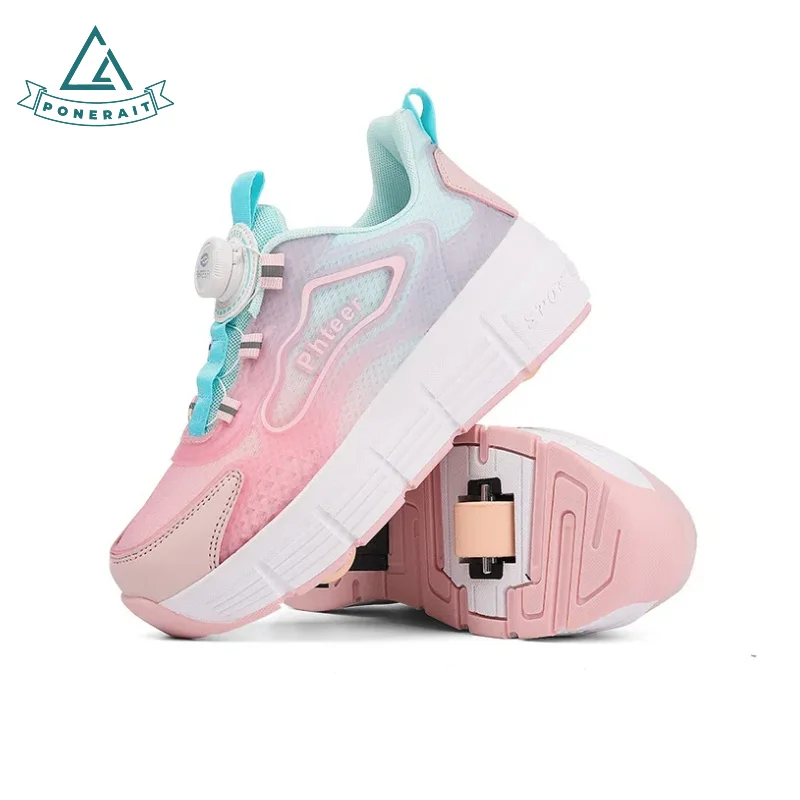 

PONERAIT Shoes with Wheels for Teens Beginners - 2 Wheel Roller Skates with Rotating Buckle Closure Breathable Mesh Upper