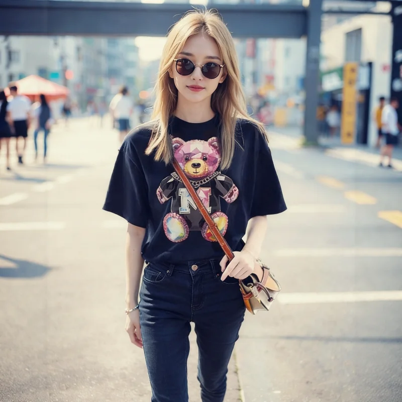 European Station Original Design Diamond 3D Bear Print Ladies Short Sleeve T-Shirt Trendy Brand Fashion Clothing