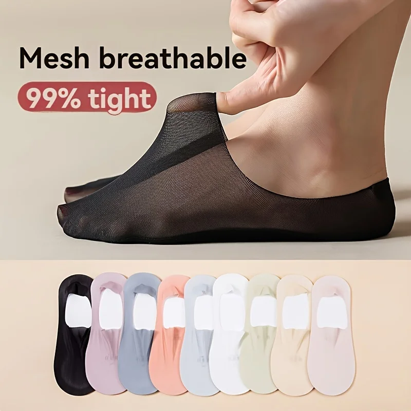 9Pairs Women's Socks Cotton Breathable Summer Ultra-thin No Show Ice Silk Sock Silicone Non-slip Bottom Absorb Sweat Boat Sock