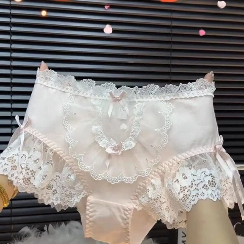 Plus-size Princess Lolita Lace Bow Pants Hollowed Briefs High-waist Shorts Cotton Crotch Panties Comfort Breathable Underwear