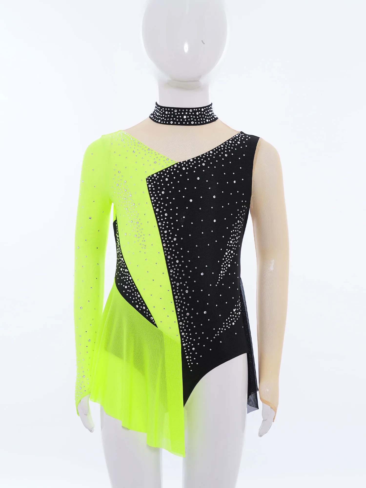 Girls Mesh Long Sleeve Figure Skating Dress Shiny Rhinestones Ballet Gymnastics Dance Leotard Performance Competition Costumes