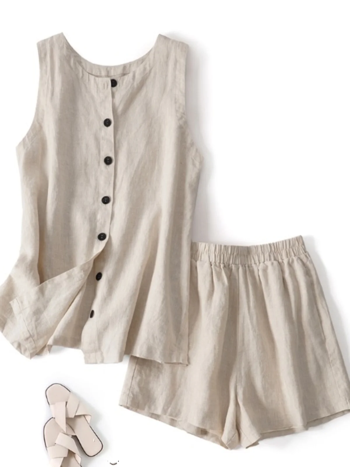 الرجعية القطن الكتان مجموعة المرأة الصيف فضفاضة عارضة Svel تانك الأعلى واسعة الساق orts قطعتين مجموعة Faionable #1