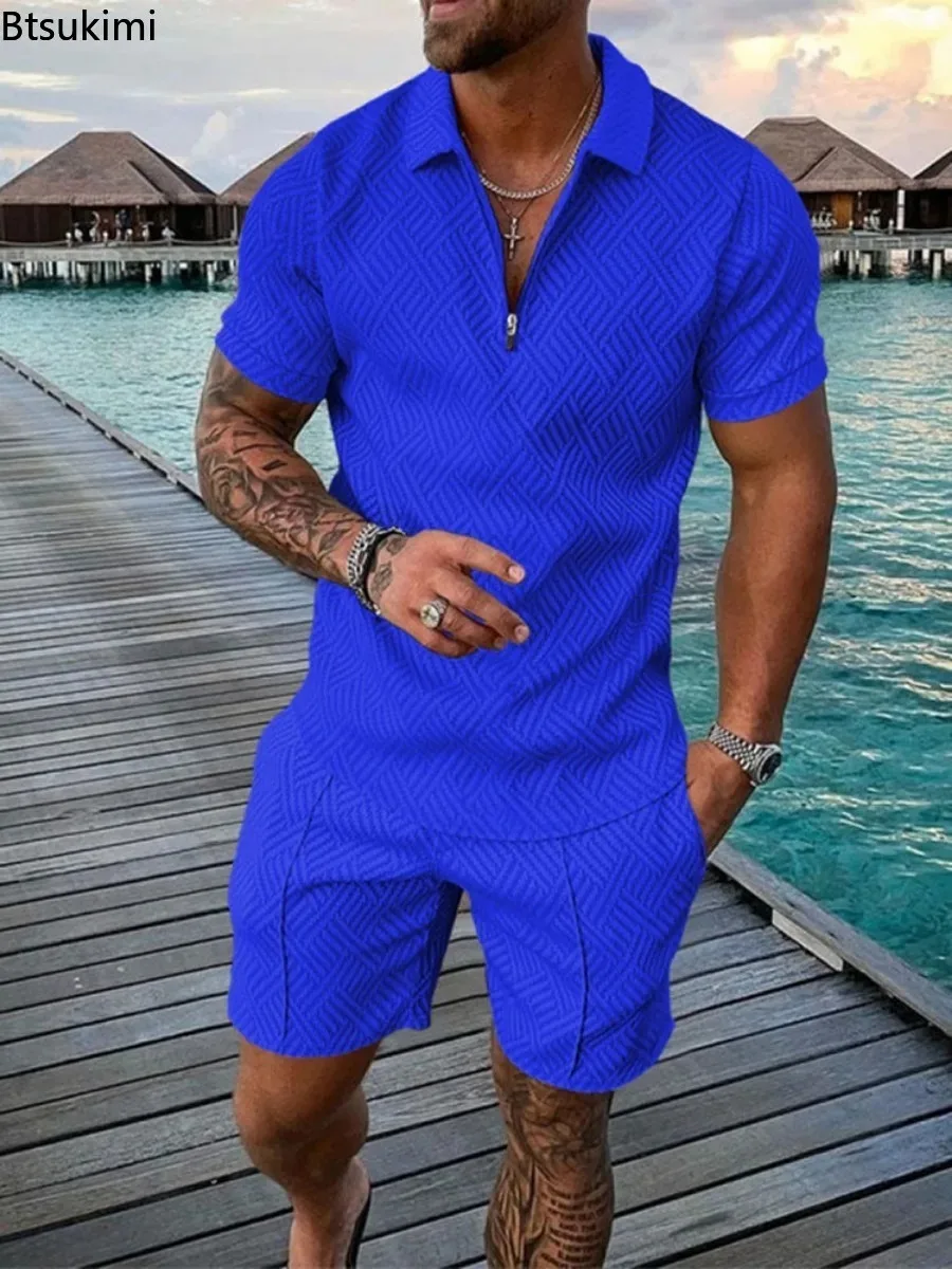 Summer Men Clothing Casual Loose Two-piece Sets Printing Solid Color Half Zipper Polo Shirt and Shorts Men's Sport Suits Sets