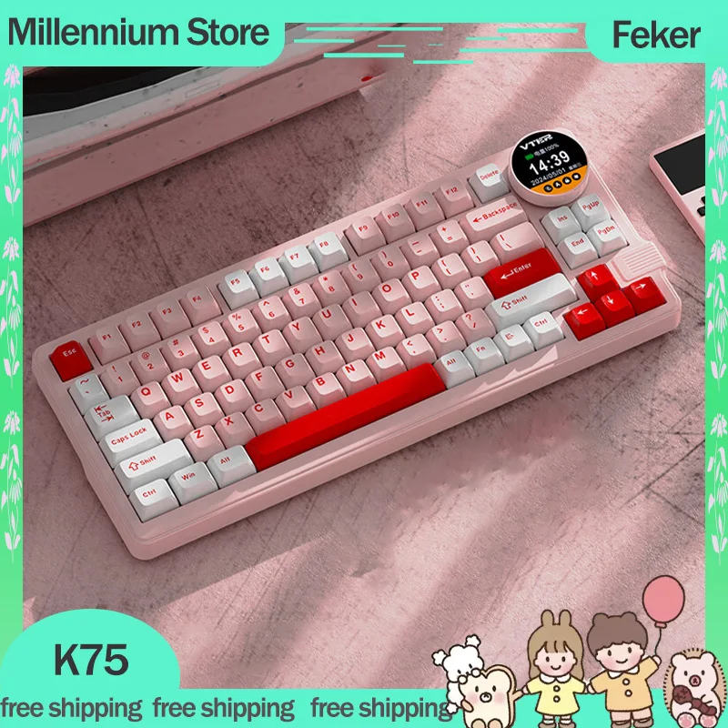 

Feker K75 Gaming Mechanical Keyboard 3mode 2.4G Bluetooth Wireless Keyboard 83keys RGB With Knob Screen Pbt Gamer Keyboards Gift