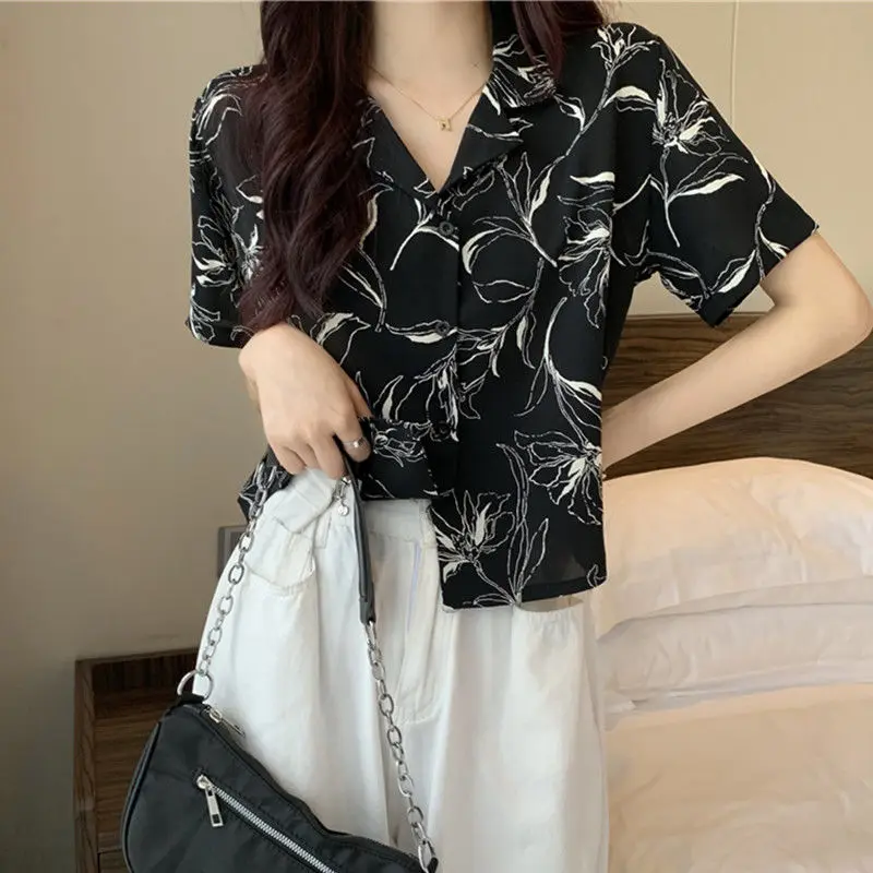 Short Sleeve Printing Blouse Polo Neck Button Thin All-match Short Casual Shirt Tops Summer New Fashion Trend Women Clothing