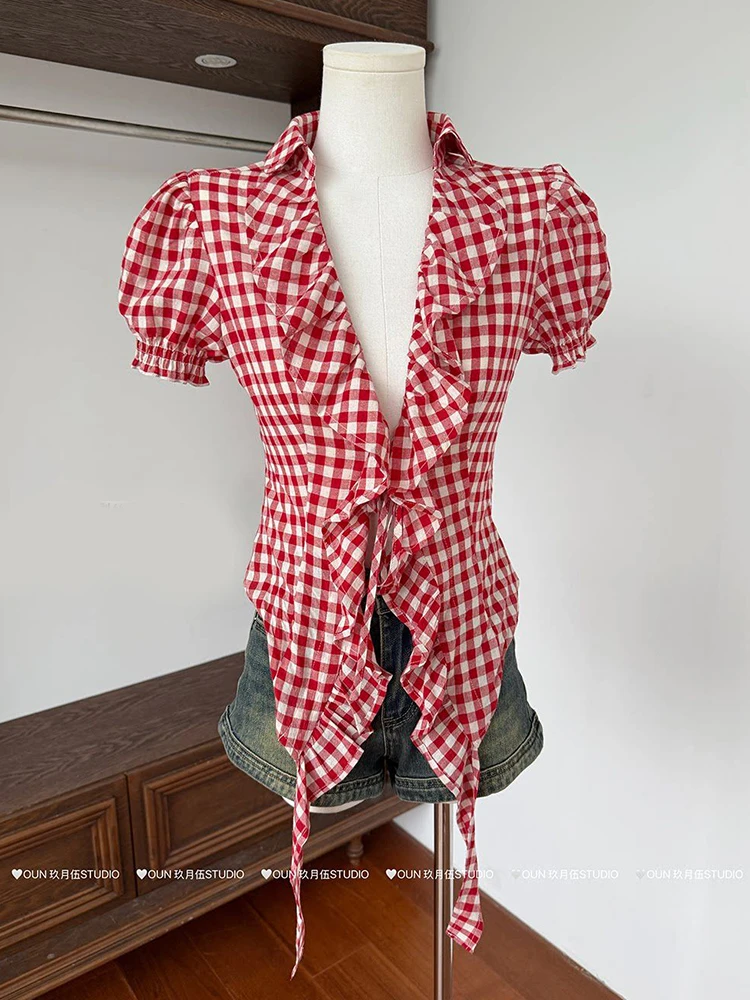 Slim Sexy Red Plaid Shirt Women Vintage Short Sleeve Ruffles Sweet Blouse Summer Retro Causal Irregular Female Hotsweet Tops New