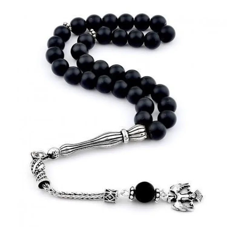 

925 Sterling Silver Dark Onyx Stone 33 Piece Tasbih Special Design Islamic Gift, Masterwork Muslim Prayer Beads Masbaha