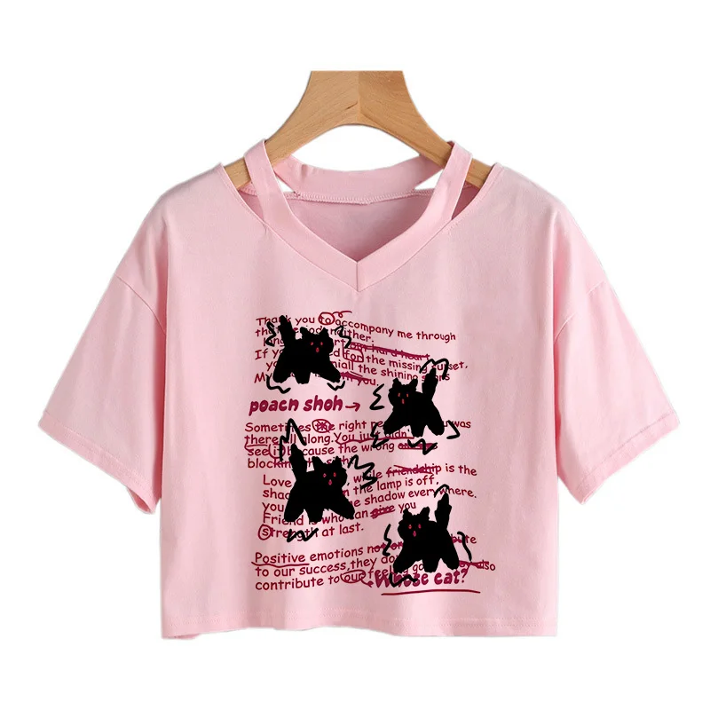 90er Y2K Print Crop-Shirt Lustiges Gothic T-Shirt Damen Sexy Print Crop Tops Tees T-Shirt Verspieltes Katzen-Kurzarm-T-Shirt