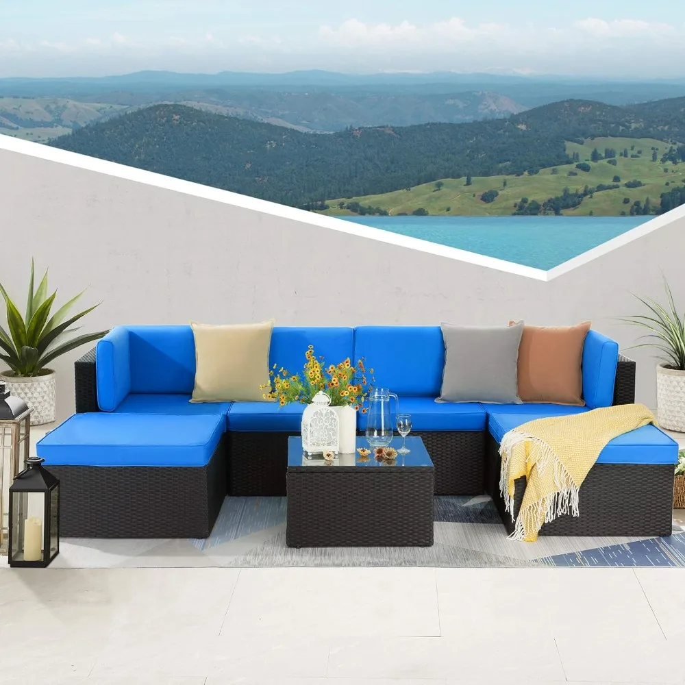 7-piece patio furniture set, outdoor sofa, patio set with washable cushioned glass table, wicker sofa in garden rattan