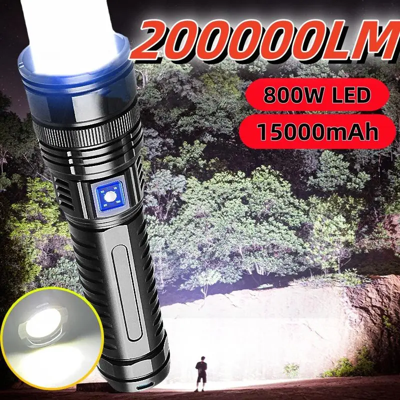 

200000LM 800W Super White Laser LED Flashlight Waterproof Zoomable Torch With Tail Light Outdoor Work Light Camping Lantern