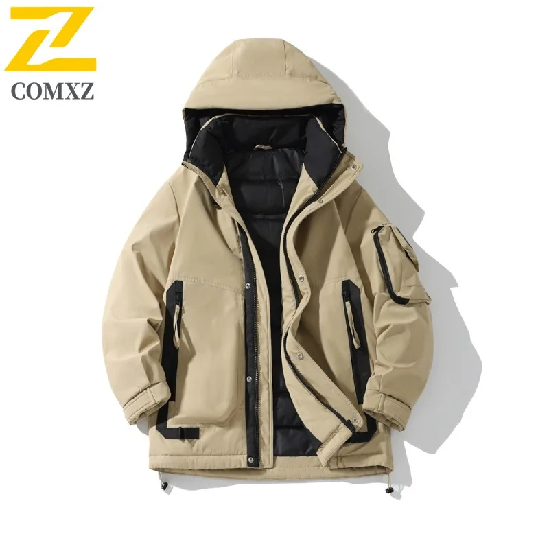 COMXZ Men Cotton Padded Jacket Multi Pocket High Quality Waterproof Skiing Padding Coat Mountaineering Warm Snowy Down Jackets