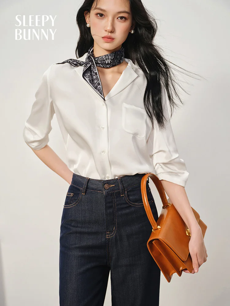 Elegant Satin Blouse for Women French Style White Shirt with Pocket Summer Office Wear Top for Slim and Chic Daily Commute Look
