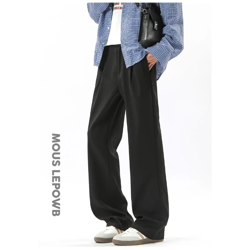 

Men Suit Trousers American Style Pleated Design Wide Leg Solid Color Button Casual Bottom Straight Mens Baggy Pants Vintage Ropa