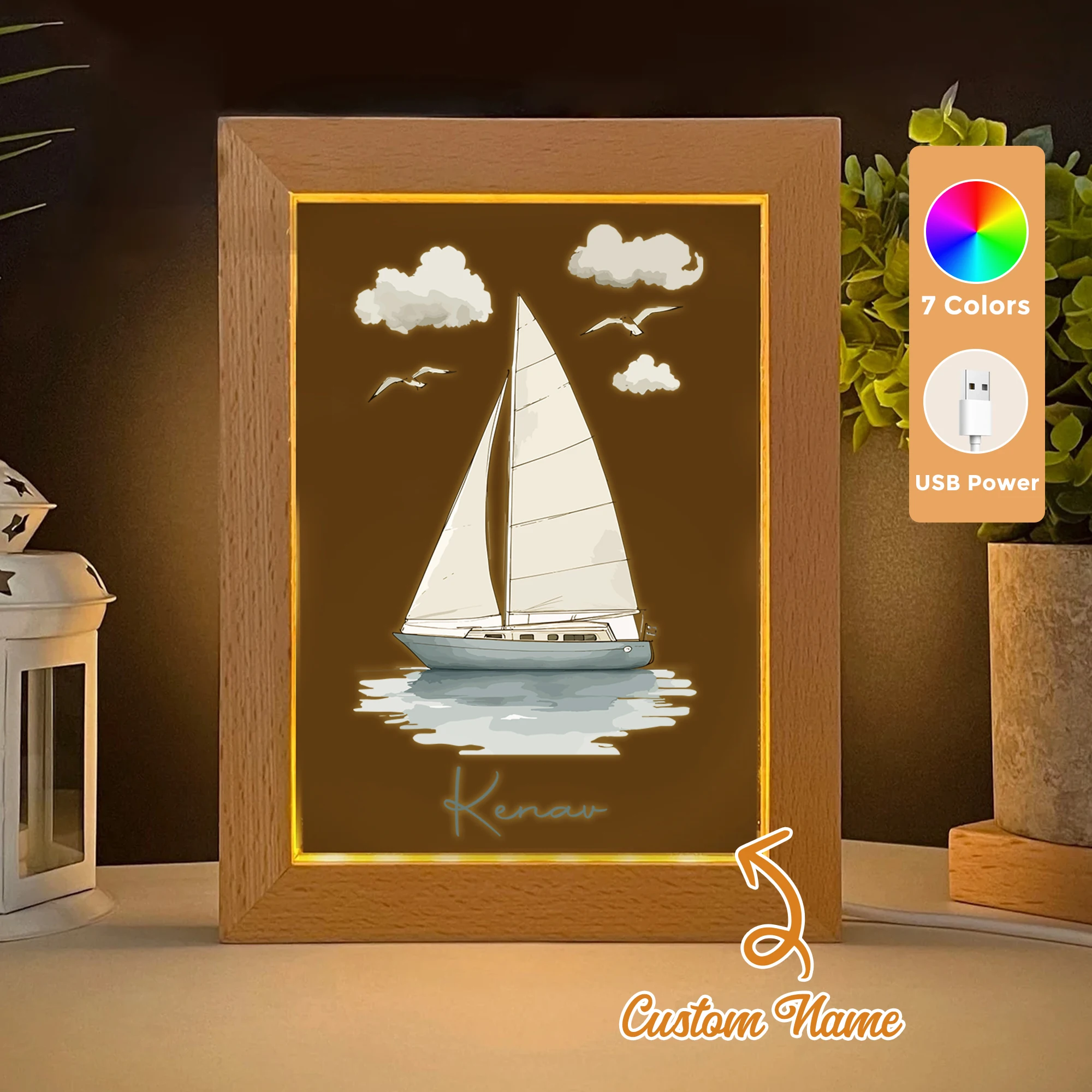 

2D Flat Custom Name Sailboat LED Acrylic Night Light Wood Photo Frame 21x17cm Cartoon Children Bedroom Gifts Home Decor