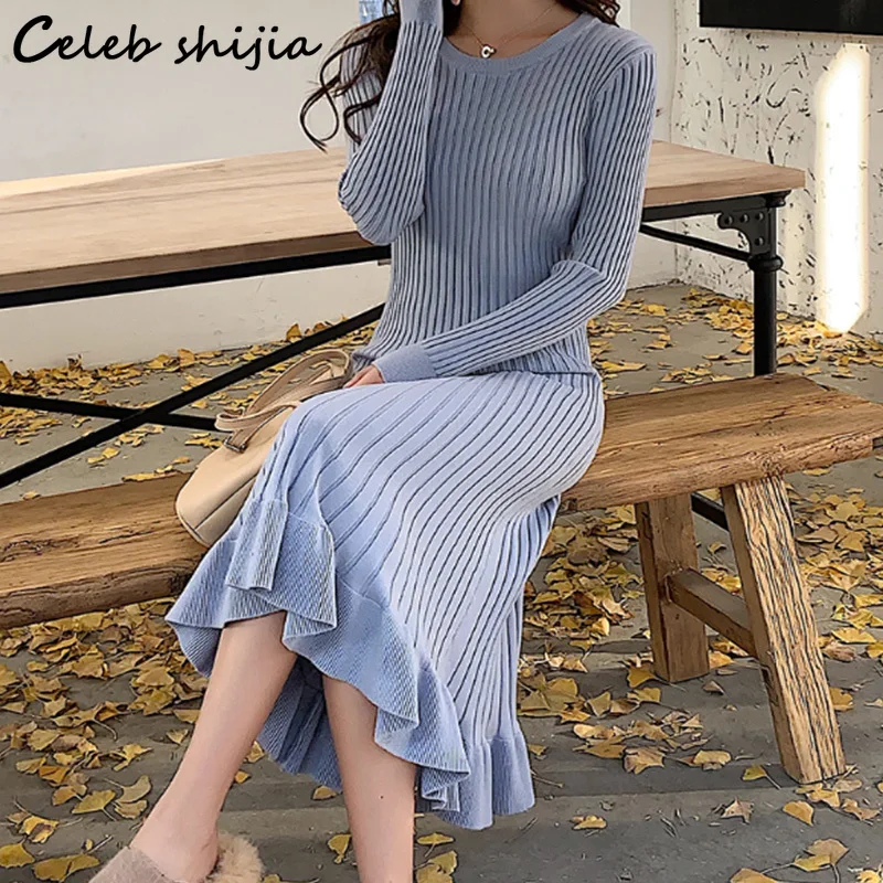 

Trumpet Woolen Dress Women 2023 Autumn Soft Apricot Elegant Knitted Vestido Mujer Streetwear Korean Warm Sweater Dresses Winter