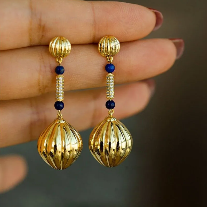 

Original design Retro lapis lazuli earrings for women classic Laziness antique gold crafts glossy round beads earings jewelry
