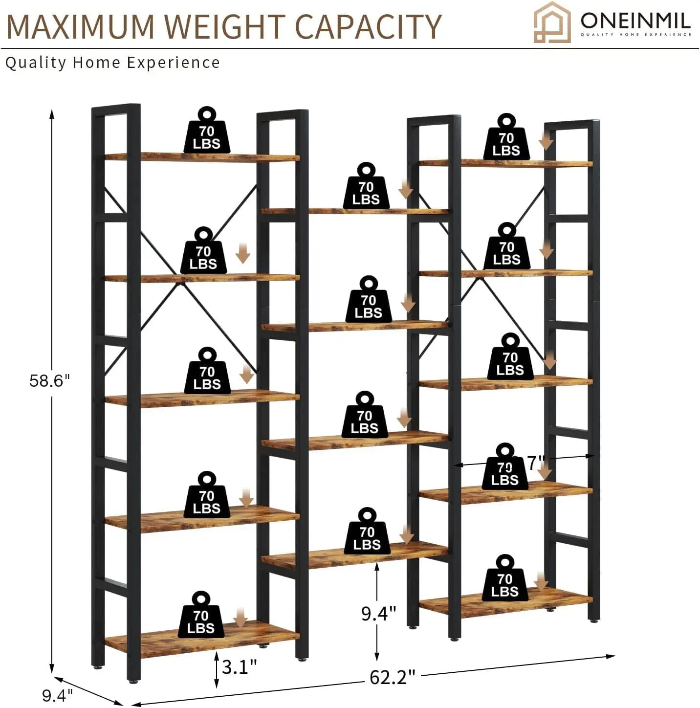 Oneinmil Triple Wide 5-Shelf Bookcase Industrial Vintage Wood Style Large Open Bookshelves For Home&Office, Rustic Brown (5