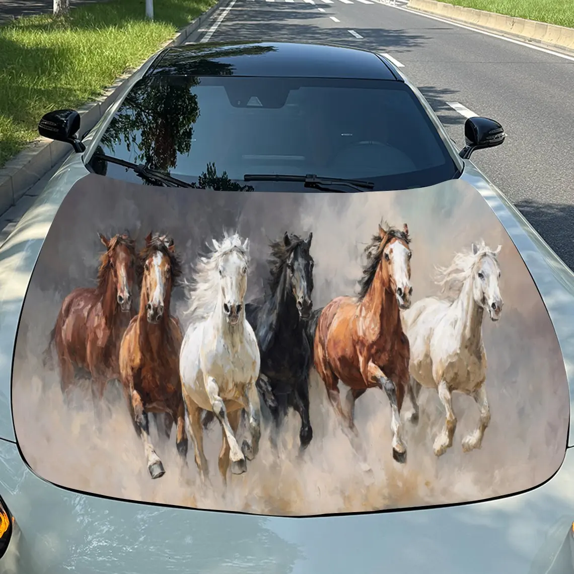 Car Decals Realistic Horses Galloping with Dynamic Motion Effects in an Open Landscape Car Hood Sticker, Waterproof Self - Adhes