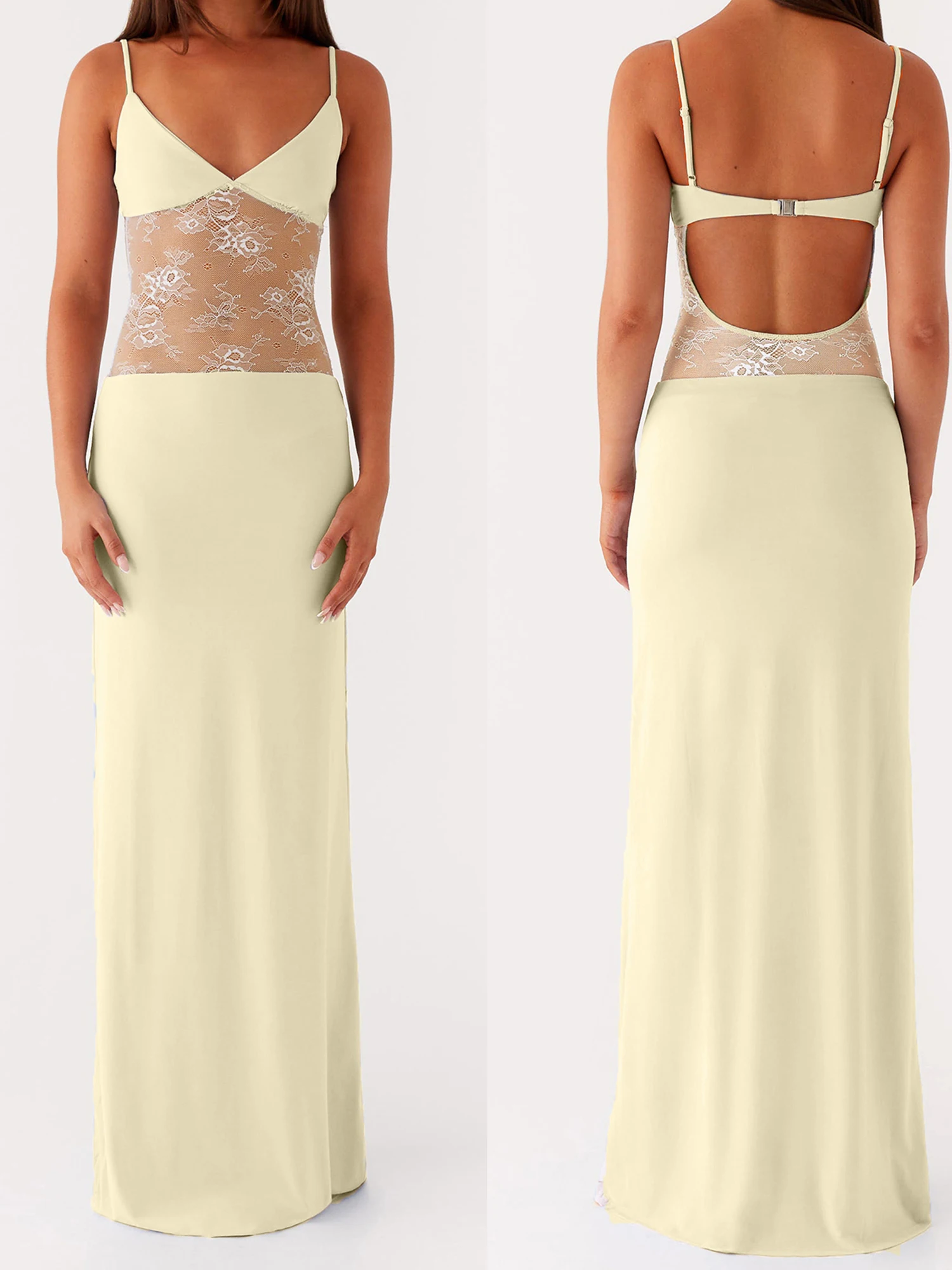 Women's Bodycon Cami Dress Sleeveless Spaghetti Strap Sheer Lace Patchwork Long Dress Summer Party Dress