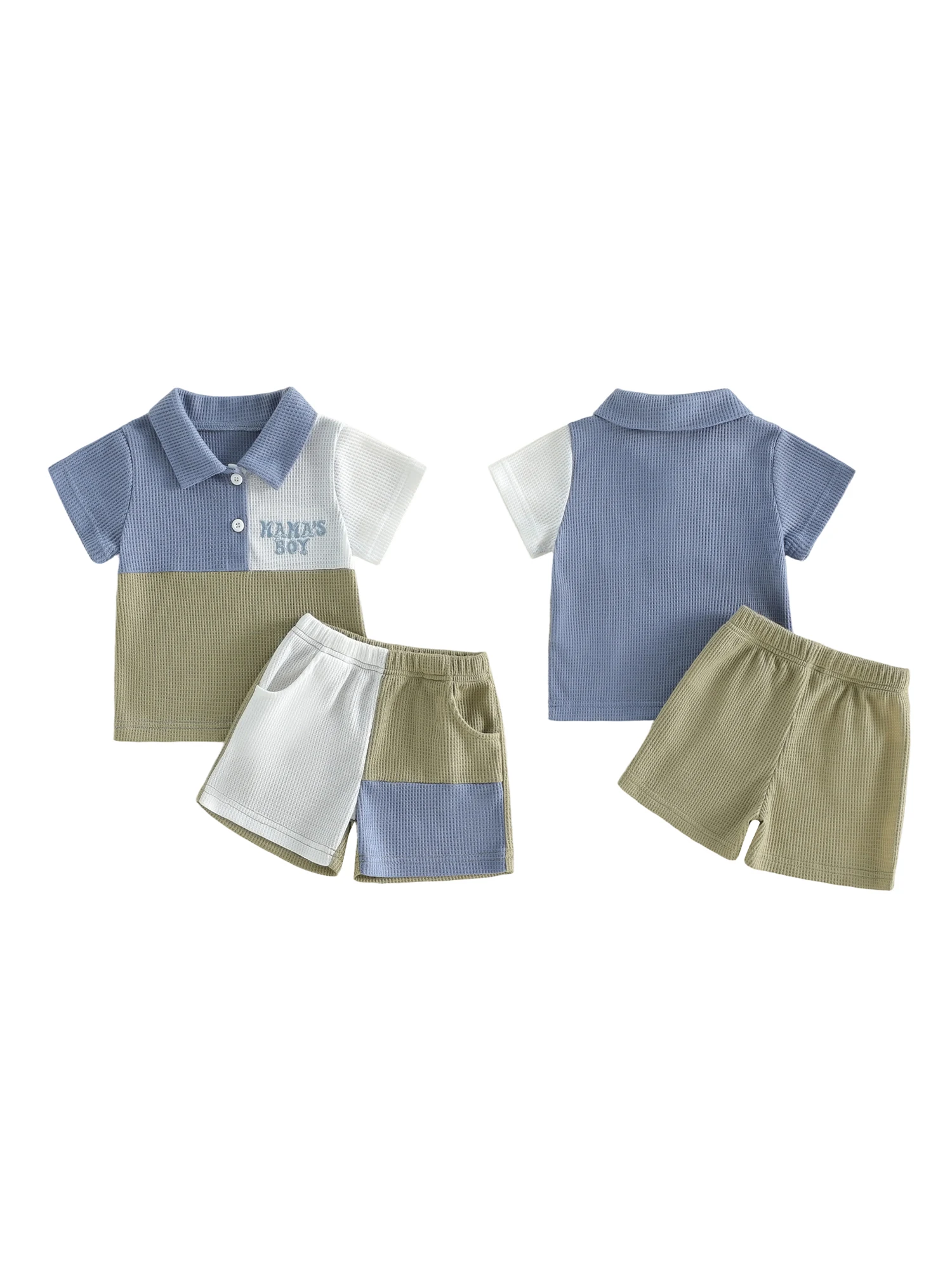 

Infant Boys Stylish Summer Ensemble Featuring Vibrant Contrast Colors and Embroidered Letter Detail on Short-Sleeve Top with