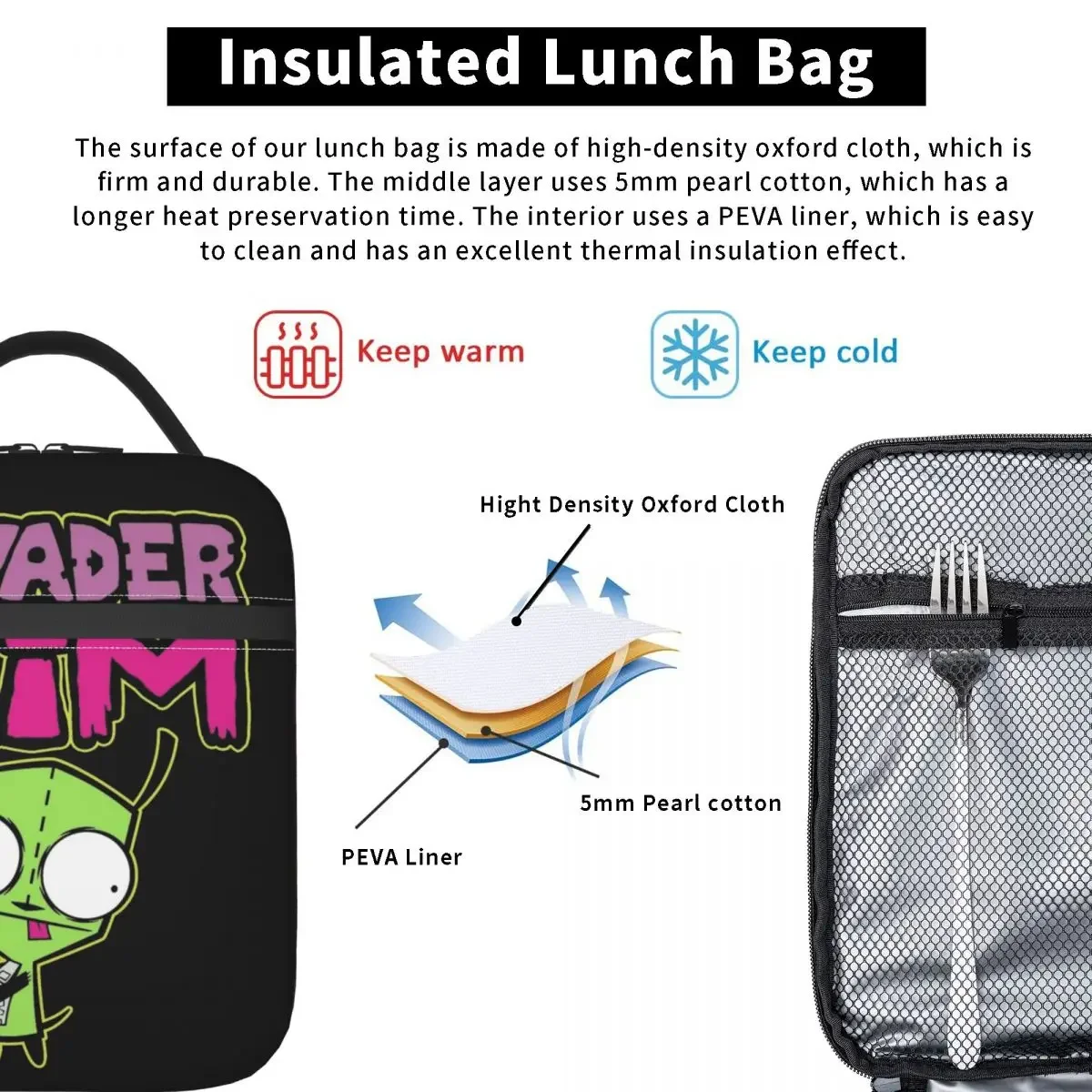 Invader Zim GIR Snacking Portrait Insulated Lunch Bag Cooler Meal Container Leakproof Tote Lunch Box Girl Boy School Outdoor