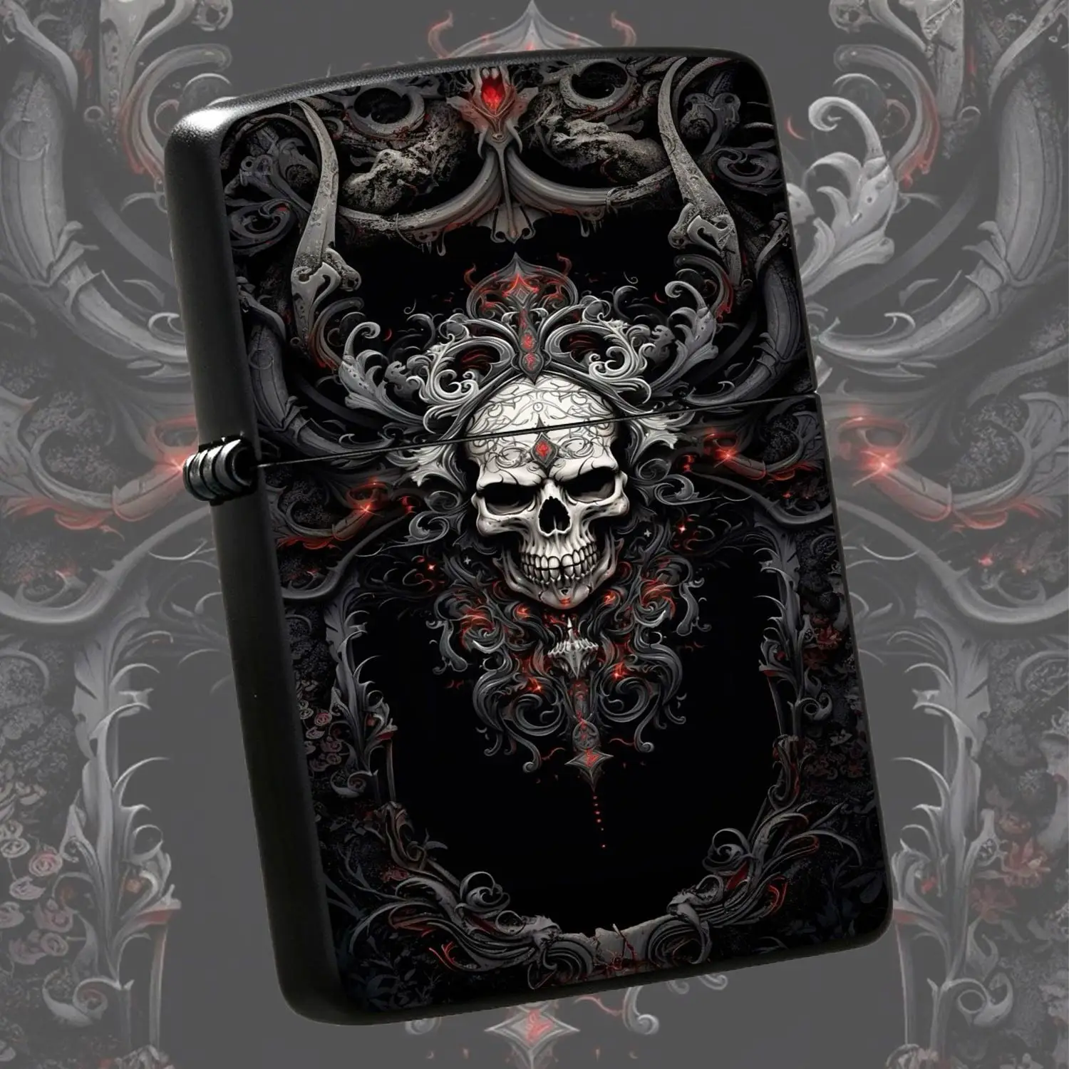 Dark Gothic Skull Pattern Lighter, Retro Ornate Scrollwork With Deep Red Highlight Accents, High Atmosphere Personal Portable Item, Perfect For Daily Outings Outdoor Adventures Display, Shows Unique Aesthetic And Cool Style Taste For All Sc