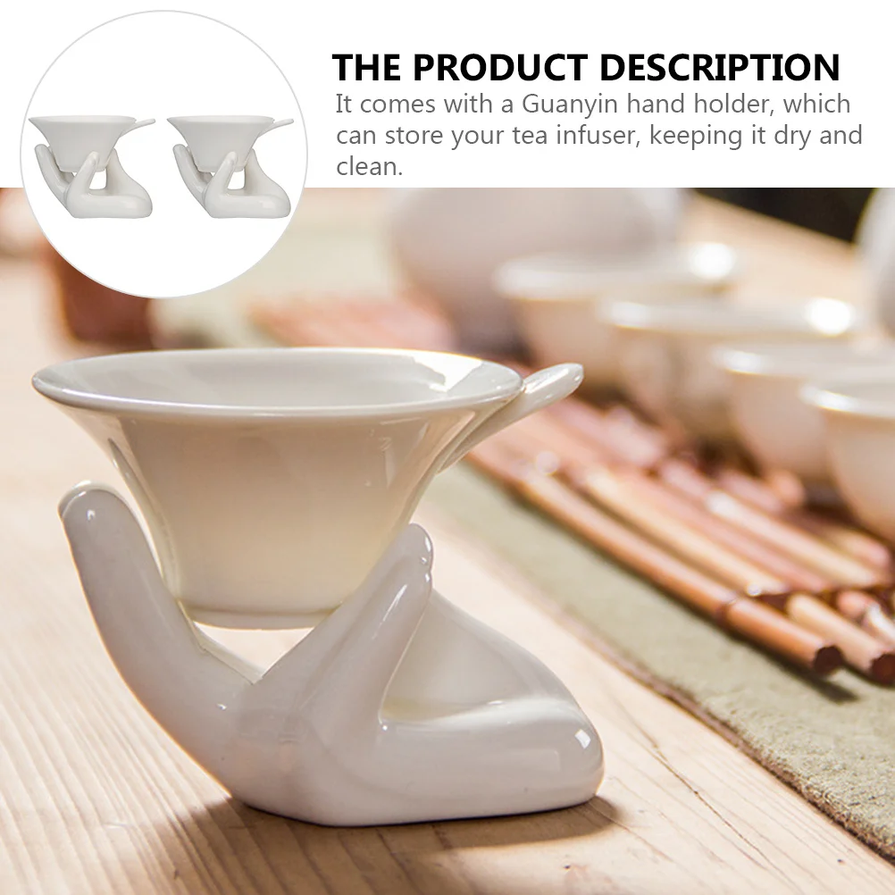 

2Sets Ceramic Tea Filter Strainer with Porcelain Guanyin Hand Support Practical Tea Infuser Accessories