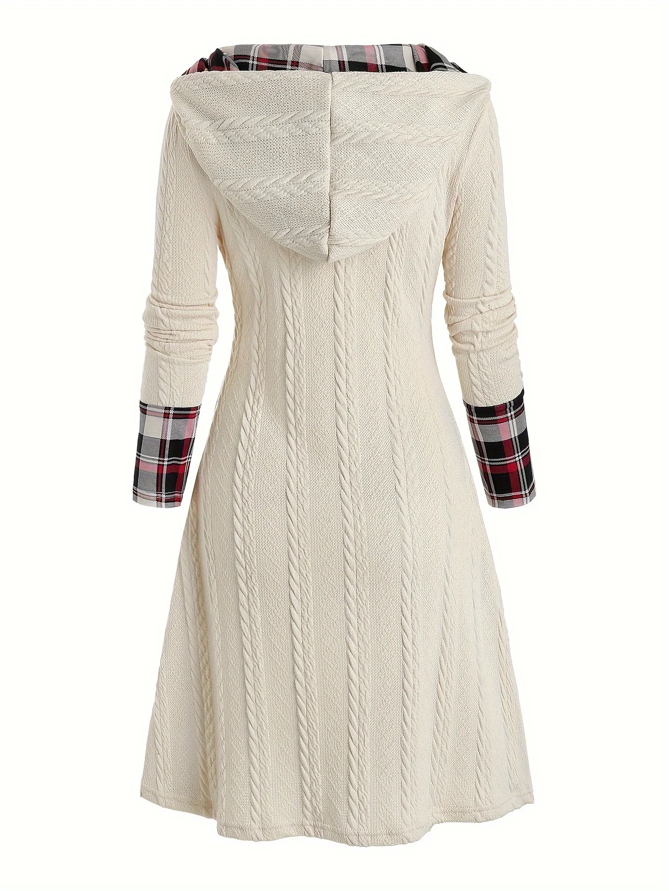 Damen-Kleid mit Karomuster, Kapuze, hoher Taille, A-Linie, lange Ärmel, aus Strick, mit dekorativer Schnallendetail. – Detail 2