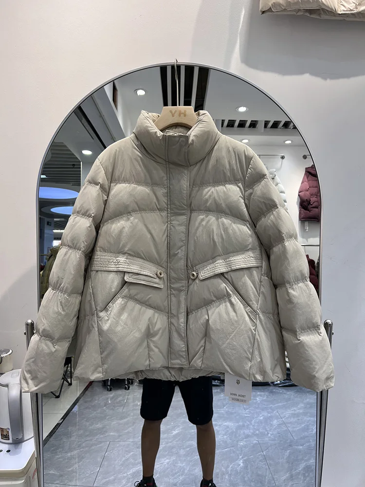 

Female button drawstring fashion stand up collar casual versatile white duck down jacket trend winter new short down coat