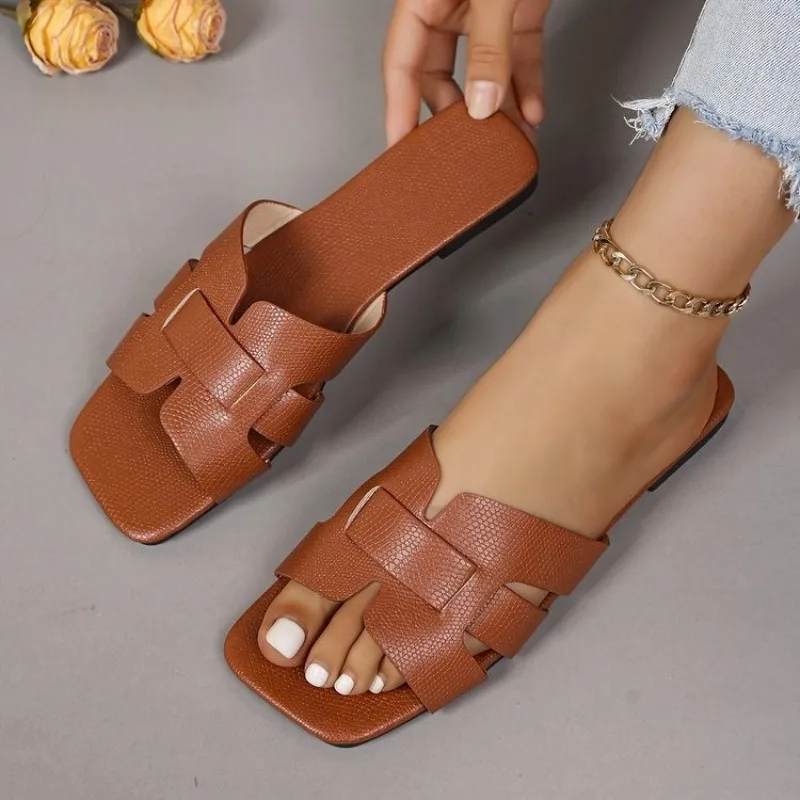 Шлепанцы женские с квадратным носком, римские сандалии с открытым носком, пляжная обувь на плоской подошве, уличные Повседневные тапочки