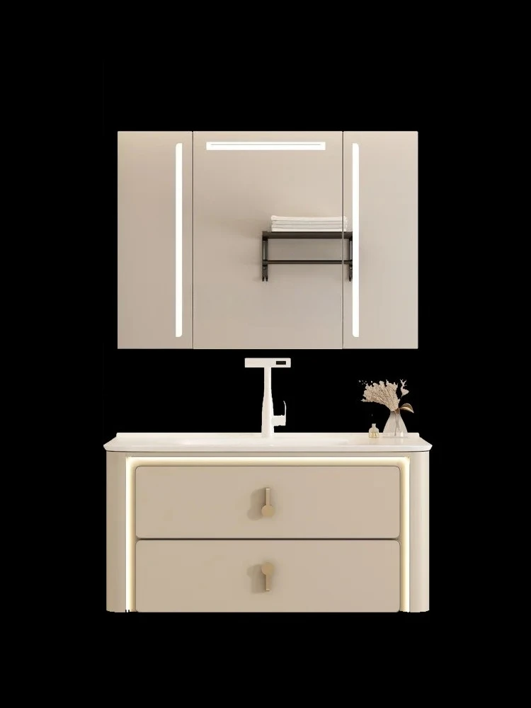 단단한 나무 크림 욕실 캐비닛 세라믹 전체 세면대 측면 보관 화장실 손 세척 욕실 캐비닛 조합