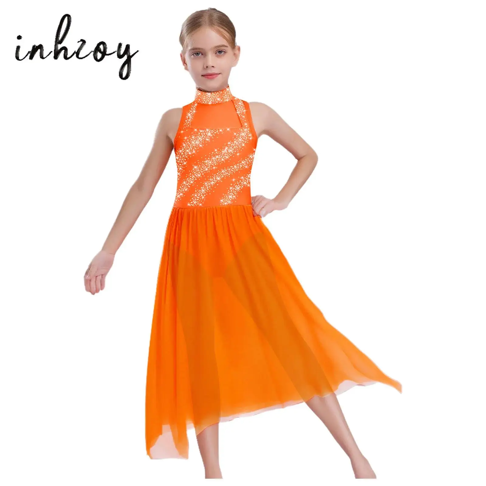 

Kids Girls Modern Lyrical Dance Costume Ballet Leotard Dress Mock Neck Sleeveless Shiny Rhinestones Side Split Dress Dancewear