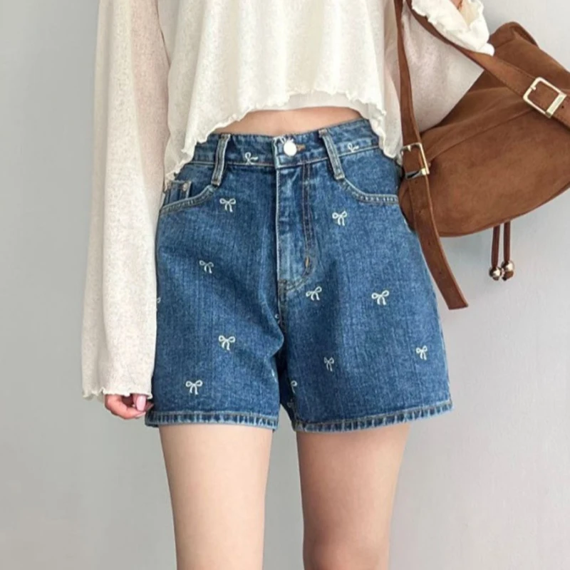 

ITOOLIN Women Chic Bowknot Embroidery Denim Shorts With Pocket Casual High Waist A-line Jean Shorts Women Summer Office Trousers