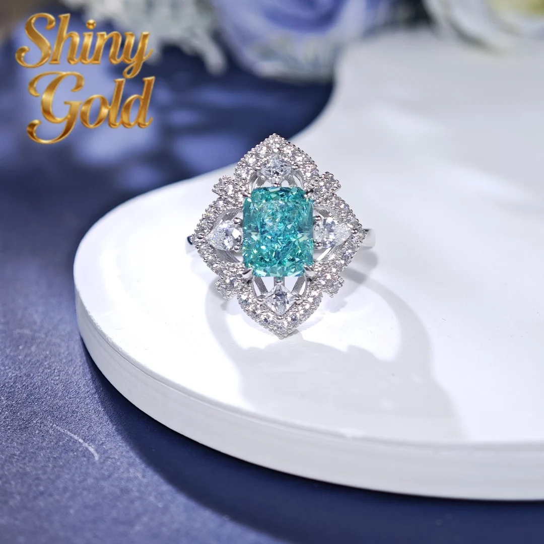 

Кольцо ShinyGold с искусственным бриллиантом 3 карата (7*9 мм) огранки «Радиант», светло-голубое, из стерлингового серебра 925 пробы, ювелирное изделие, обручальное кольцо HR270