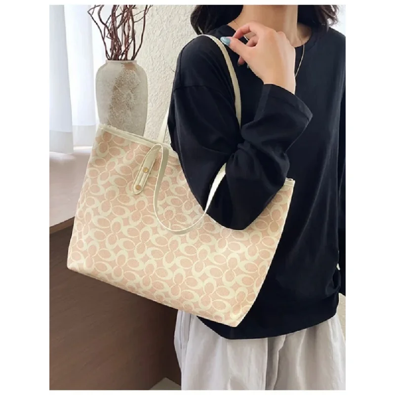 Classic Monogram Print Tote Bag, Large Capacity PU Trim Canvas Shoulder Bag, Versatile Daily Work Shopping Handbag For Women image 6