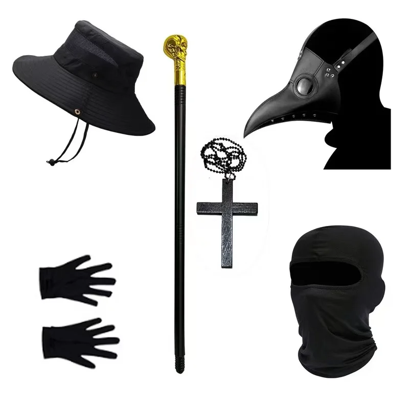 Halloween medieval cosplay crow bird-beak performance costume with punk mask set