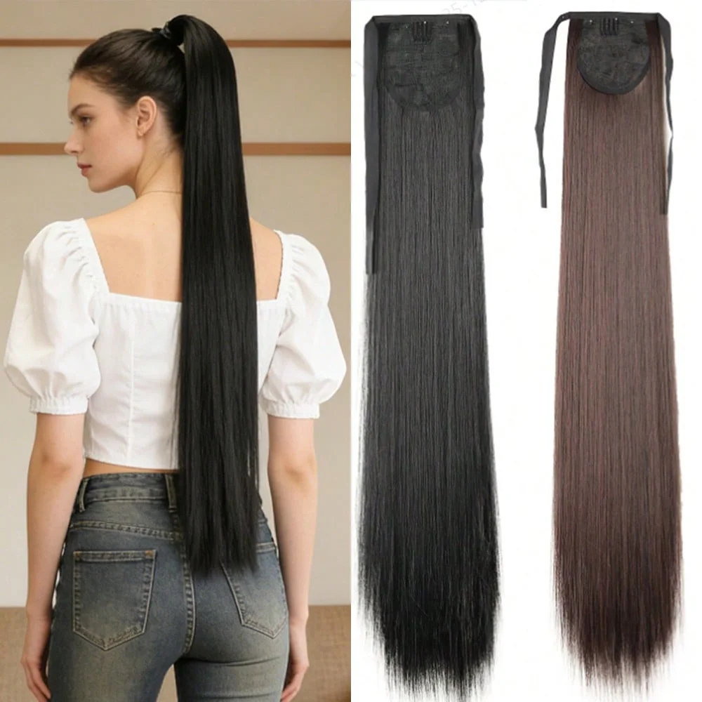32inch Extra Long Ponytails Straight Hair Ribbon Ponytail Extension Synthetic Hairpiece for Girls Ladies Daily Use