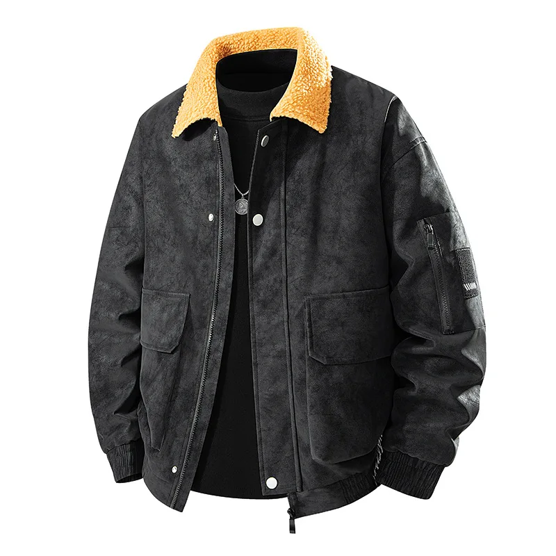 

2025 Мужская кожаная куртка, осень-зима, лоскутное мужское пальто с отложным воротником, утепленное теплое пальто на молнии с длинными рукавами, свободная мужская верхняя одежда