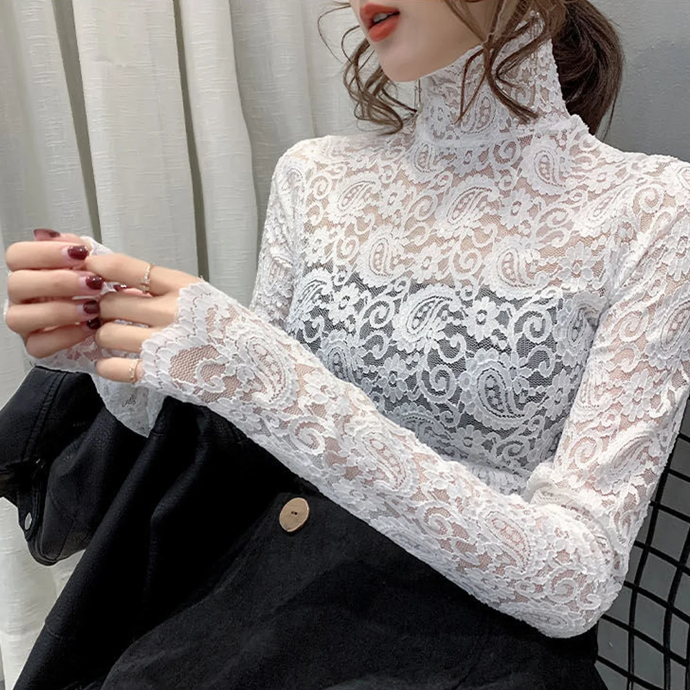 Transparent Lace Blouse Women Mesh O Neck Long Sleeve T Shirt Girl Black White Apricot Color Female Blouses S-2XL Cheaper Tops